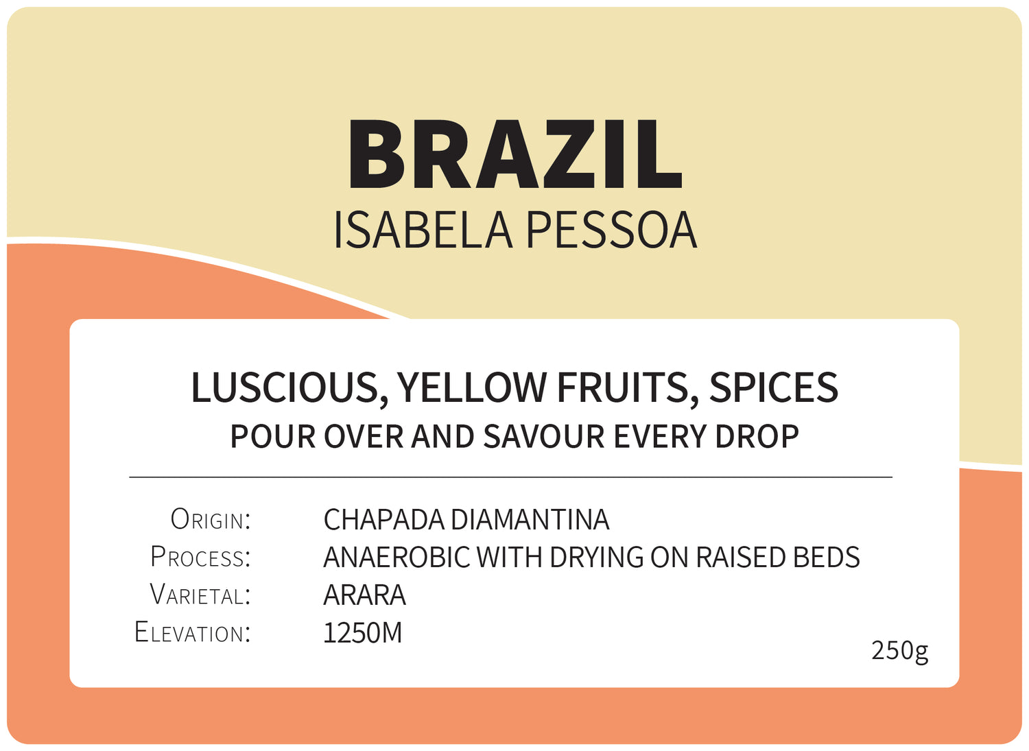 Product label with 'BRAZIL ISABELA PESSOA' text and details about luscious yellow fruits, spices, and wine origin.