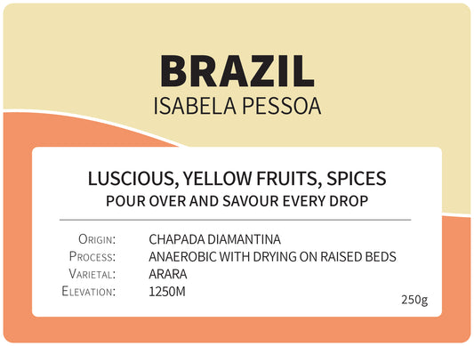 Product label with 'BRAZIL ISABELA PESSOA' text and details about luscious yellow fruits, spices, and wine origin.